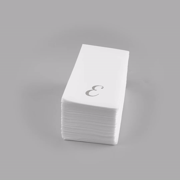 Luxenap Rectangle Silver Letter E White Paper Linen-Feel Guest Towel / Napkin - Air Laid, Cursive Font - 15 3/4" x 8" - 50 count box