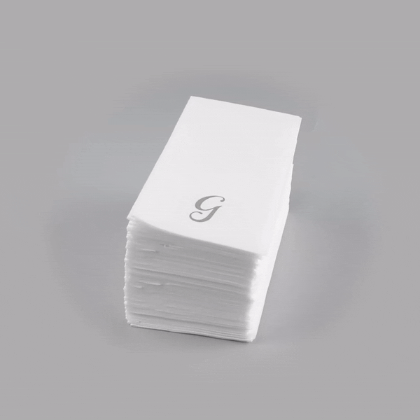 Luxenap Rectangle Silver Letter G White Paper Linen-Feel Guest Towel / Napkin - Air Laid, Cursive Font - 15 3/4" x 8" - 2000 count box