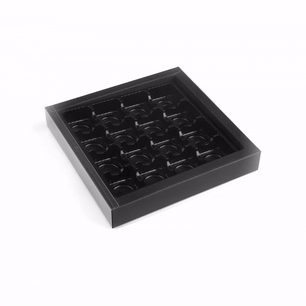 Sweet Vision Square Black Paper Candy / Chocolate Boxes - 16 Compartments - 9" x 9" x 1 1/2" - 10 count box