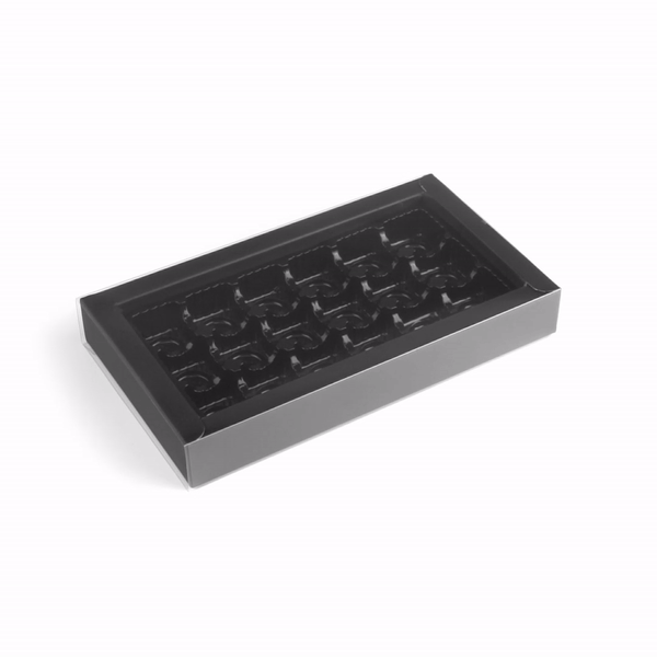 Sweet Vision Rectangle Black Paper Candy / Chocolate Boxes - 18 Compartments - 10" x 5 3/4" x 1 1/2" - 10 count box