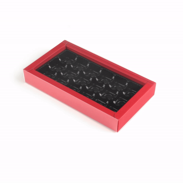 Sweet Vision Rectangle Red Paper Candy / Chocolate Boxes - 18 Compartments - 10" x 5 3/4" x 1 1/2" - 100 count box