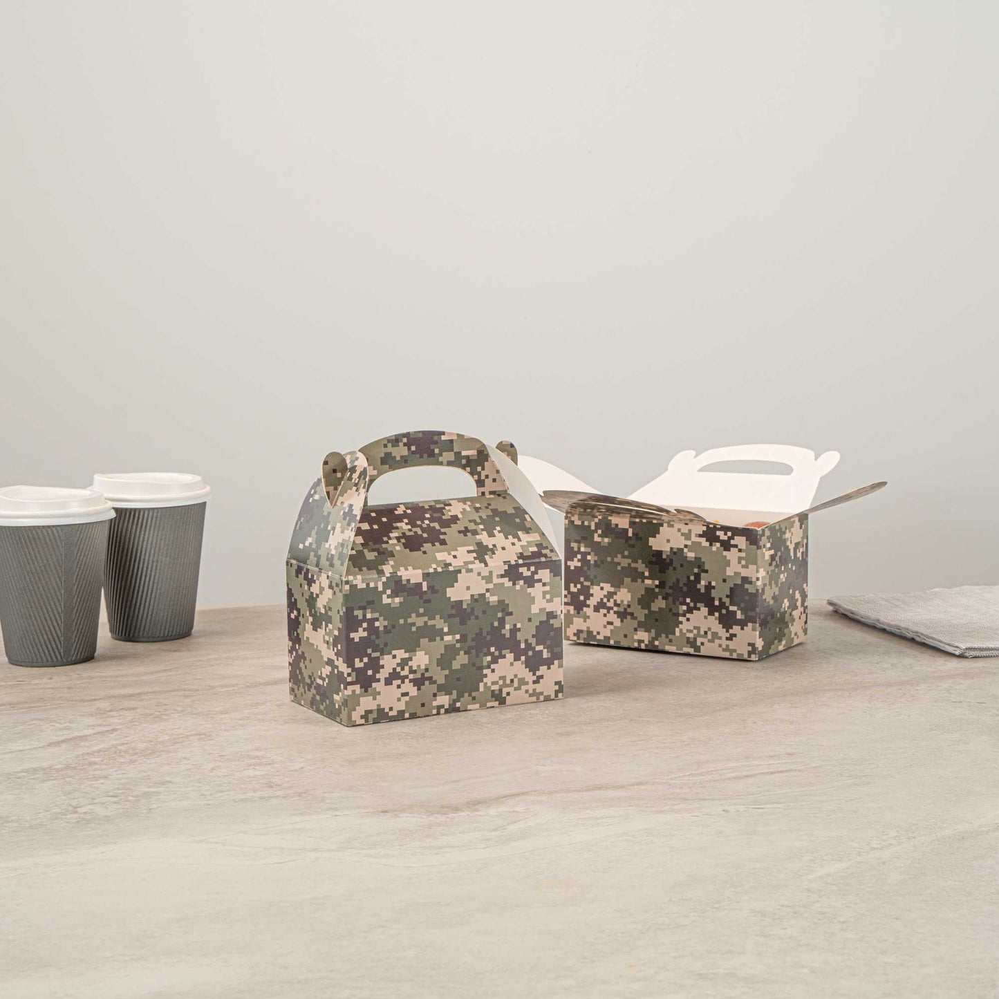 Bio Tek Camouflage Paper Gable Box / Take Out Container - Compostable - 6" x 3 1/2" x 3 1/2" - 25 count box
