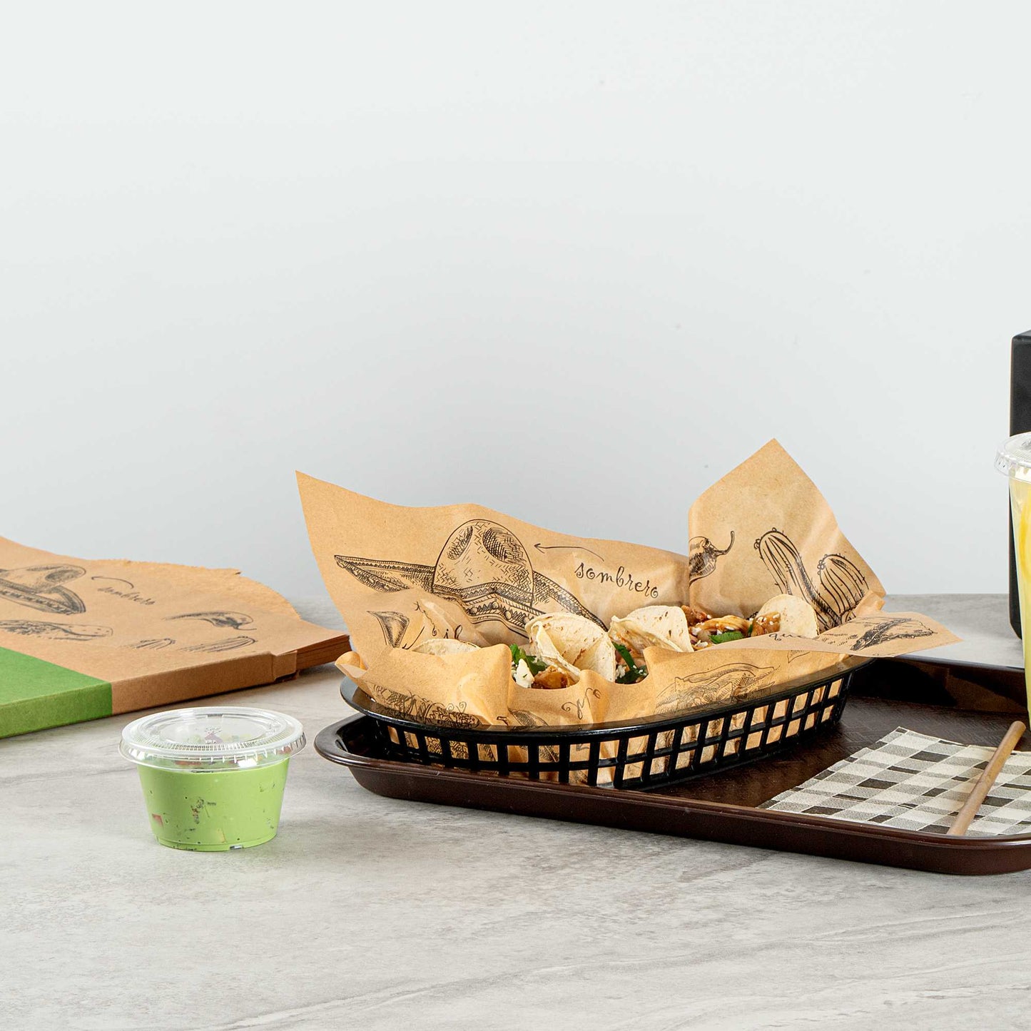 Chef 101 No PFAS Added Kraft Paper Taco Wrap and Chip Liner - Mexican Tradition, Greaseproof - 12" x 12" - 200 count box