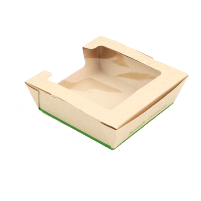 Sustain 26 oz Bamboo Paper Medium Bio Salad Box - with PLA Lining and Window, Compostable - 5 3/4" x 5 3/4" x 1 3/4" - 50 count box