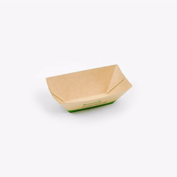 Sustain 2 oz Bamboo Paper Food Tray / Boat - with PLA Lining, Compostable - 2" x 3/4" x 1 1/4" - 400 count box