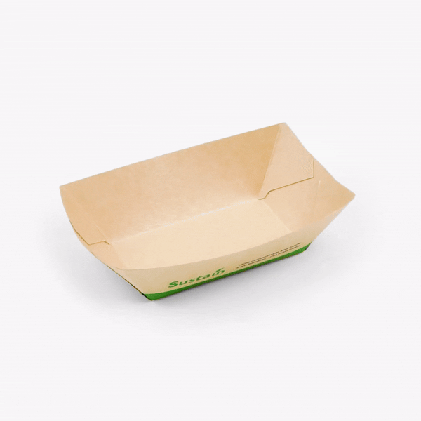 Sustain 6 oz Bamboo Paper #40 Food Tray / Boat - with PLA Lining, Compostable - 3 1/4" x 2" x 1 1/2" - 50 count box