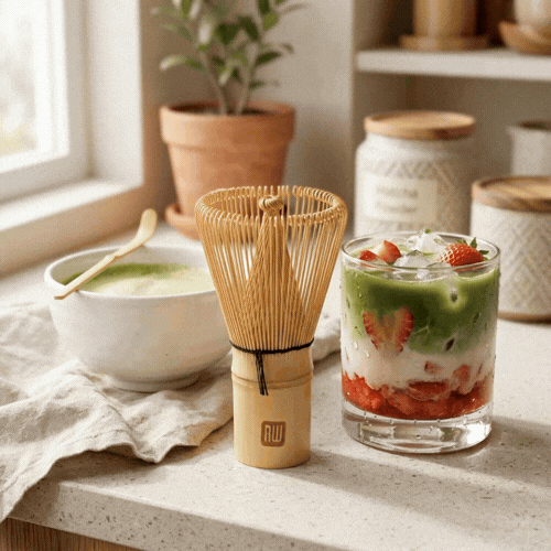 Dojo Natural Bamboo Matcha Whisk Chasen - Clear Plastic Case - 2 1/4" x 2 1/4" x 4" - 1 count box