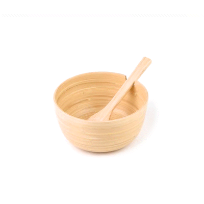 Bambuddha 25 oz Round Natural Spun Bamboo Serving Bowl - with Serving Spoon - 7 3/4" x 7 3/4" x 4" - 10 count box