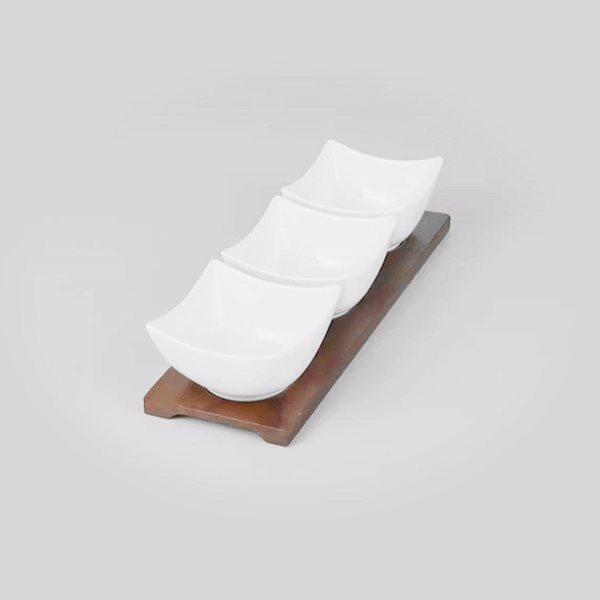 Chef 101 15 oz Rectangle White Porcelain Cocktail Bowl Set - 3 Bowls, Bamboo Tray - 12" x 4" x 2 1/2" - 1 count box