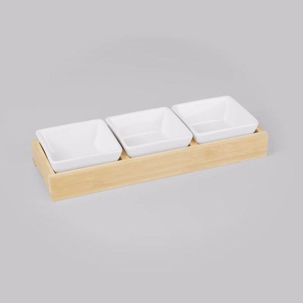 Chef 101 6 oz Rectangle White Porcelain Modern Bowl Set - 3 Bowls, Bamboo Tray - 11 3/4" x 4 1/4" x 2" - 1 count box
