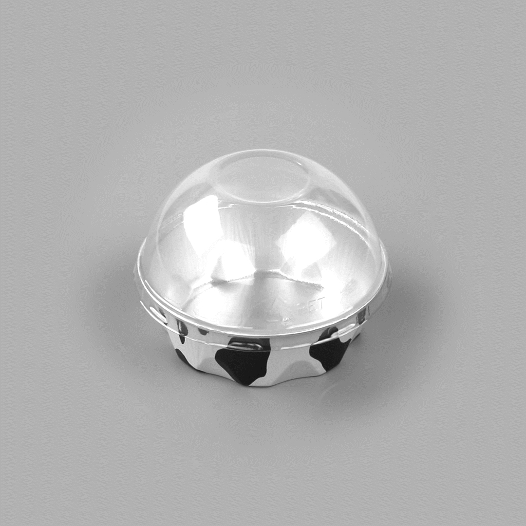 Pastry Tek 3 oz Round Cow Lines Aluminum Baking Cup - with Plastic Dome Lid - 3 1/4" x 3 1/4" x 1" - 100 count box