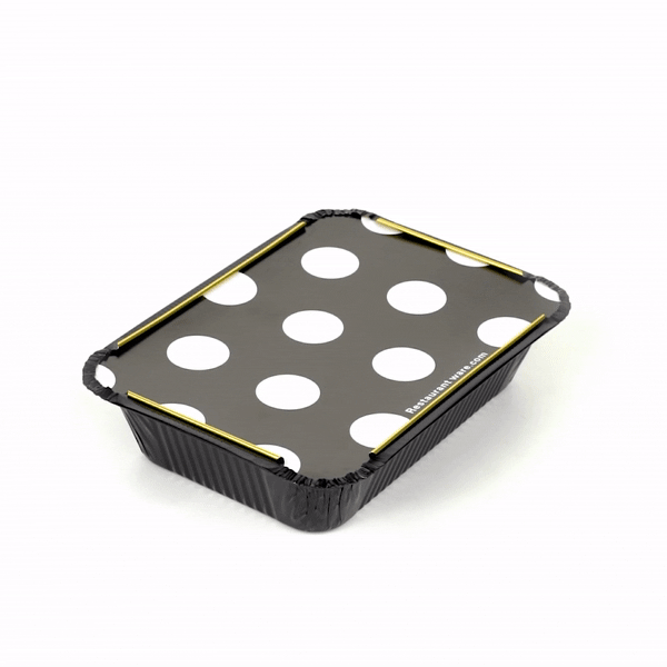 Foil Lux 16 oz Rectangle Black and Gold Aluminum Take Out Container - Polka Dot Paper Lid - 7 1/4" x 5 1/4" x 2" - 50 count box