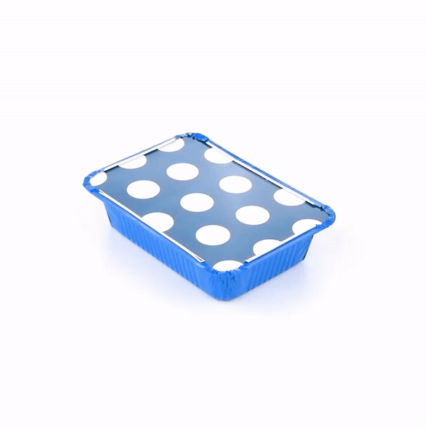 Foil Lux 16 oz Rectangle Blue Aluminum Take Out Container - Polka Dot Paper Lid - 7 1/4" x 5 1/4" x 2" - 50 count box