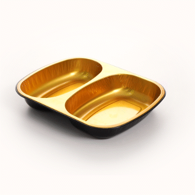 Foil Lux 28 oz Rectangle Black and Gold Aluminum Container - 2-Compartment - 9" x 7" x 1 1/2" - 100 count box