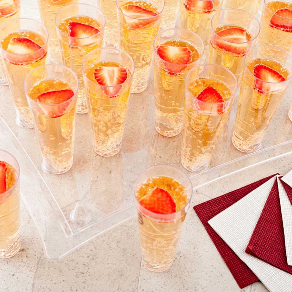 Bev Tek Clear Plastic Serving Tray - 14 1/2" x 10 1/2" x 1" - for 5 oz Round Tall Cocktail Glass - 5 count box