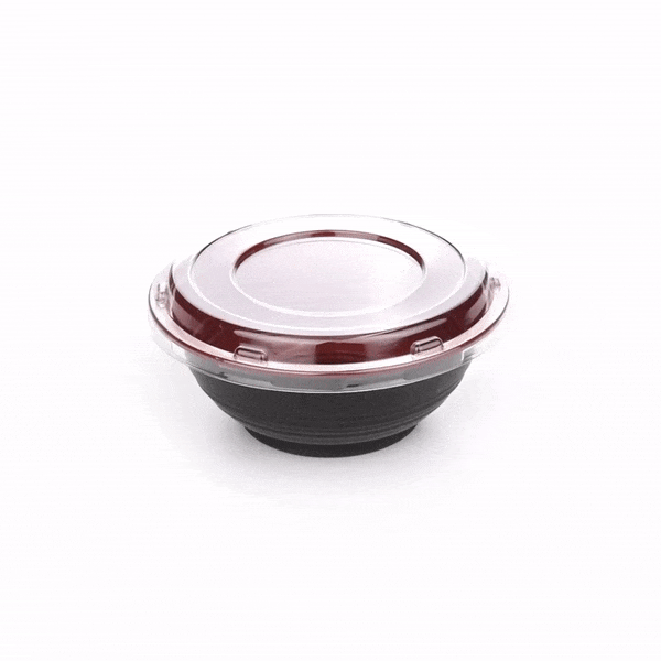Bento Tek 18 oz Round Black and Red Plastic Small Asian Panda Bowl - with Clear Lid, Microwavable - 6" x 6" x 2 1/2" - 200 count box