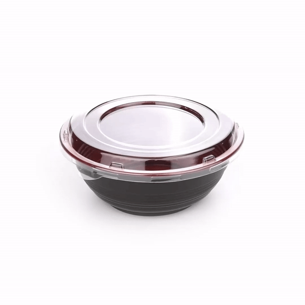 Bento Tek 34 oz Round Black and Red Plastic Large Asian Panda Bowl - with Clear Lid, Microwavable - 7 1/4" x 7 1/4" x 2 3/4" - 200 count box