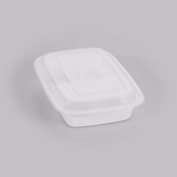 Asporto 26 oz White Plastic 3 Compartment Food Container - with Clear Lid, Microwavable - 8 3/4" x 6" x 1 3/4" - 100 count box