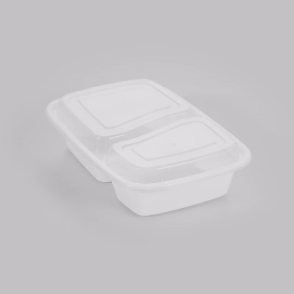 Asporto 32 oz White Plastic 2 Compartment Food Container - with Clear Lid, Microwavable - 8 3/4" x 6" x 2" - 100 count box