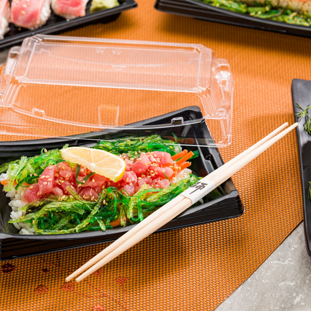 Roku Black Plastic Short Take Out Sushi Container - with Clear Lid - 7 1/2" x 4 3/4" x 2" - 100 count box