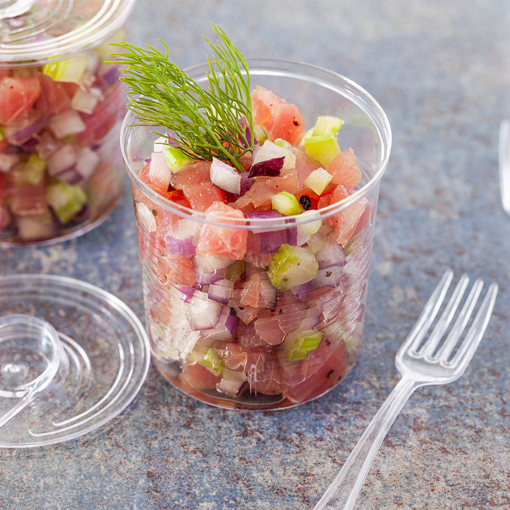Mini Serve 4 oz Round Clear Plastic Tin Can - with Lid - 2 1/2" x 2 1/2" x 2 3/4" - 100 count box