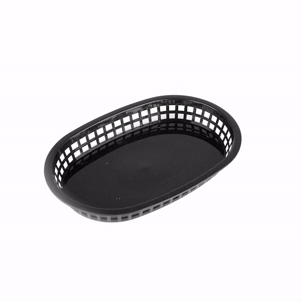 Chef 101 Oval Black Plastic Fast Food Serving Basket - 10 1/2" x 7 1/4" x 1 1/2" - 100 count box
