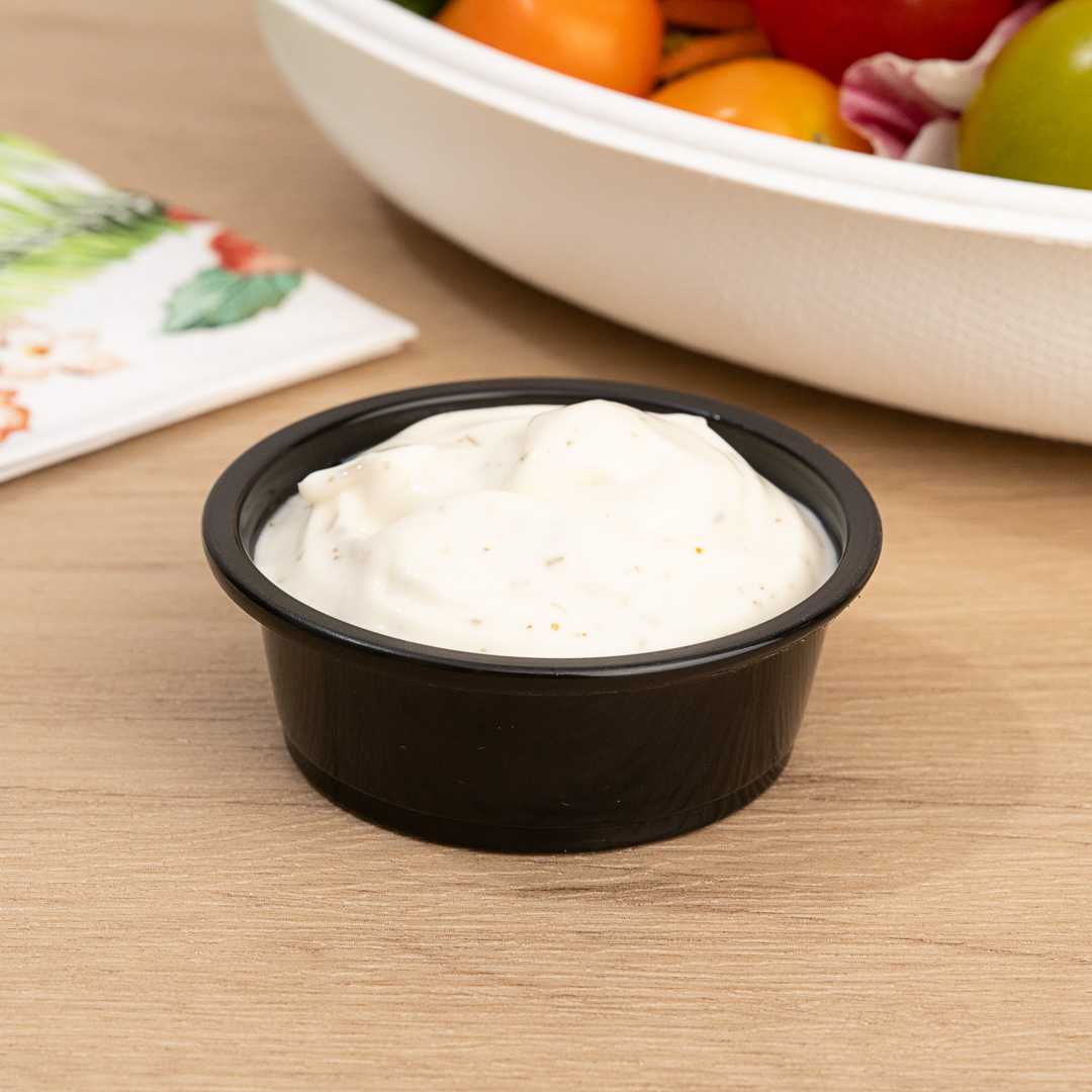 Chef 101 1.5 oz Round Black Plastic Portion Cup - 2 1/2" x 2 1/2" x 3/4" - 2000 count box