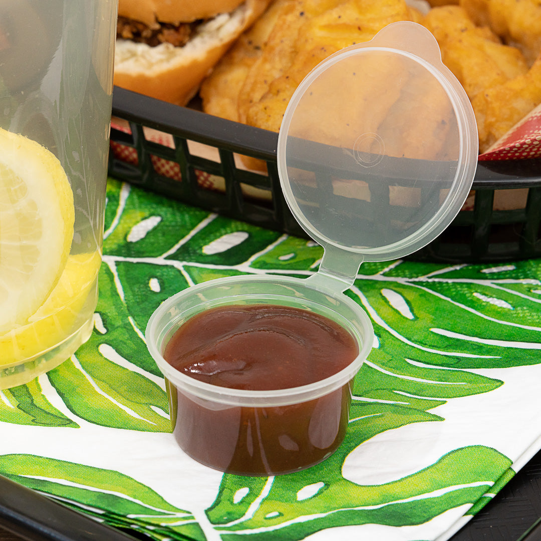 Chef 101 1.5 oz Clear Plastic Portion Cup - with Hinged Lid - 2" x 2" x 1" - 100 count box