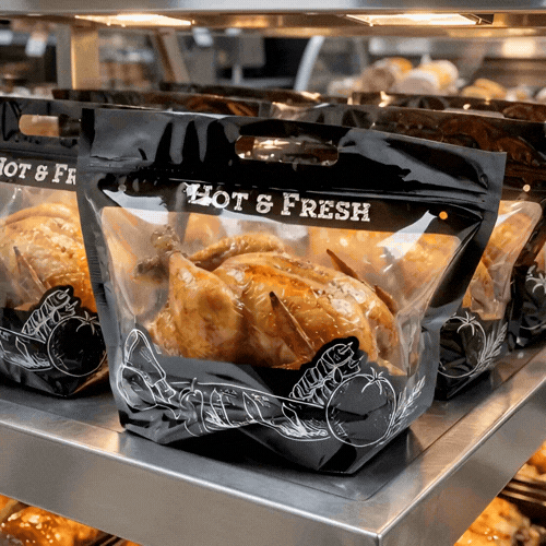Bag Tek Black Plastic Rotisserie Chicken / Hot Food Bag - Hot & Fresh - 12 3/4" x 5 3/4" x 10 1/4" - 100 count box