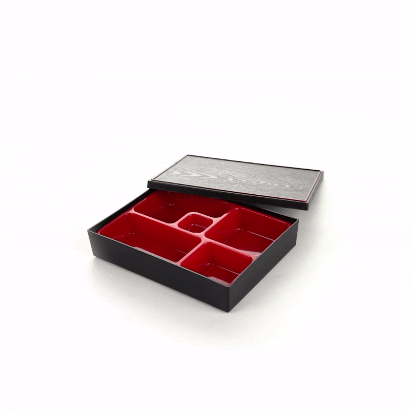 Bento Tek Rectangle Black and Red Small Japanese Style Bento Box - 6 Compartments - 10 3/4" x 8 1/4" x 2 1/4" - 1 count box