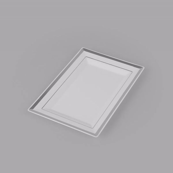 Moderna Rectangle White Plastic Silver-Rimmed Plate - 7 1/2" x 5 1/4" x 1/2" - 10 count box