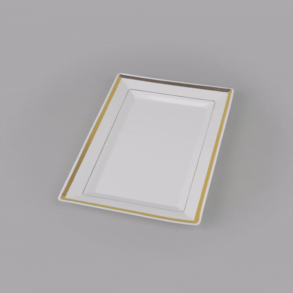 Moderna Rectangle White Plastic Gold-Rimmed Plate - 9 1/2" x 6 1/4" x 1/2" - 100 count box