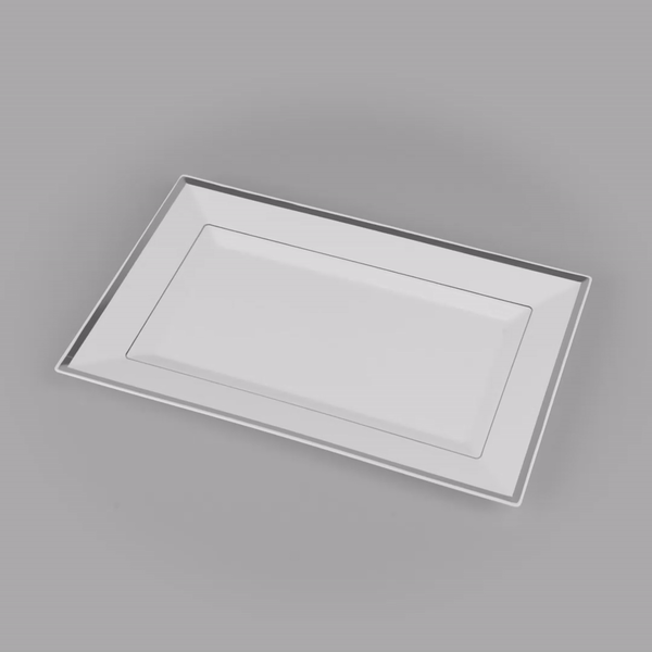 Moderna Rectangle White Plastic Silver-Rimmed Plate - 12 3/4" x 8 1/4" x 3/4" - 10 count box