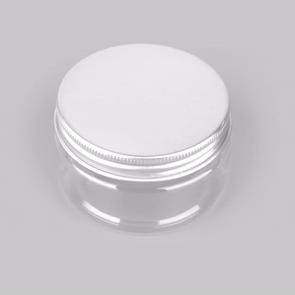 Chef 101 4 oz Round Clear Plastic Candy and Snack Jar - with Silver Aluminum Lid - 2 3/4" x 2 3/4" x 1 1/2" - 10 count box