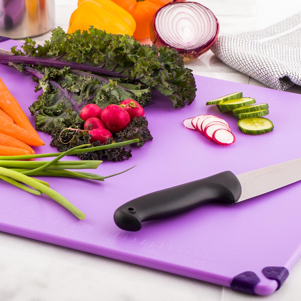 Sure Grip Purple Plastic Cutting Board - Allergen Safe, Non-Slip, Measurement Markers, Carrying Handle - 18" x 24" - 1 count box