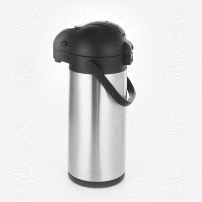 Met Lux 3L Silver Stainless Steel Airpot Coffee Dispenser - Pump Lever, 24 hr Heat Retention - 6" x 6" x 16" - 1 count box