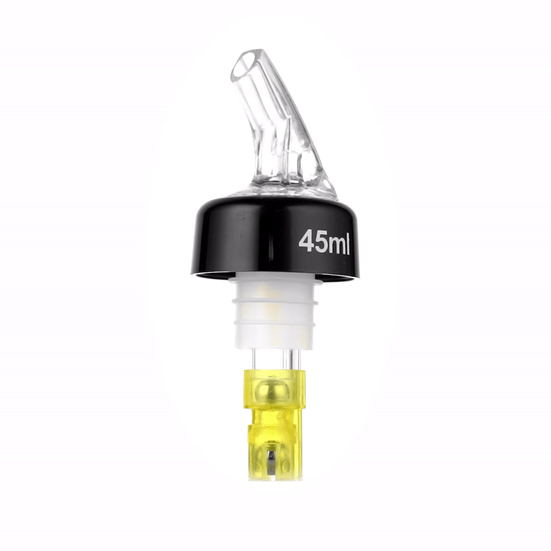 Bar Lux 1.5 oz Yellow Plastic Measured Liquor Pourer - with Collar, Clear Spout - 1 1/2" x 1 1/2" x 3 3/4" - 10 count box