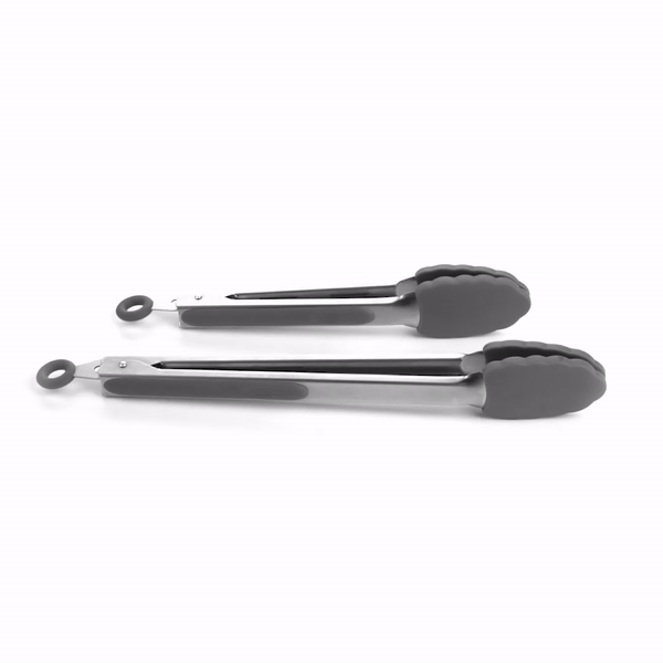 Met Lux Gray Stainless Steel 2-Piece Kitchen Tong Set - Scalloped - 12" x 1 3/4" x 2" - 1 count box