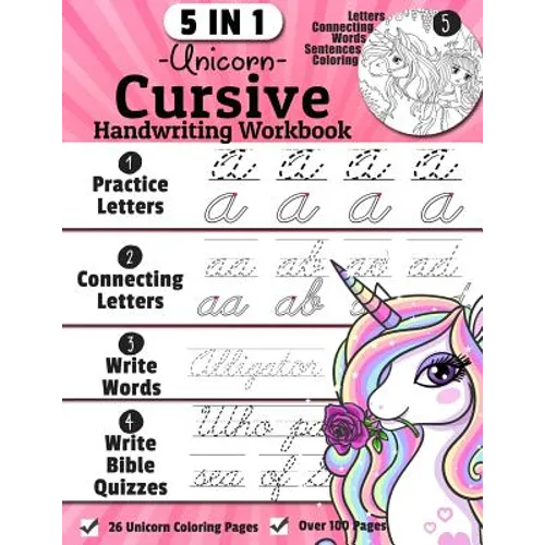 Unicorn Cursive Handwriting Workbook: 5-in-1 Cursive Handwriting Practice Books Beginning to Master For Kids: Tracing Letters, Connecting Cursive Lett - Paperback