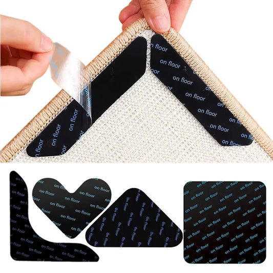 Non-Slip Rug Corner Pads - Reusable Washable PU Carpet Grippers Anti-Curling Adhesive for Rugs & Mats