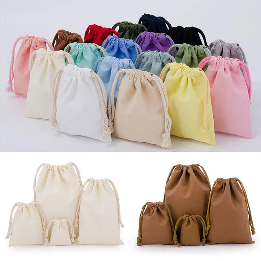 Cotton Drawstring Canvas Bags - White Reusable Gift & Storage Pouches for Candy, Jewelry, Travel and Home Organization