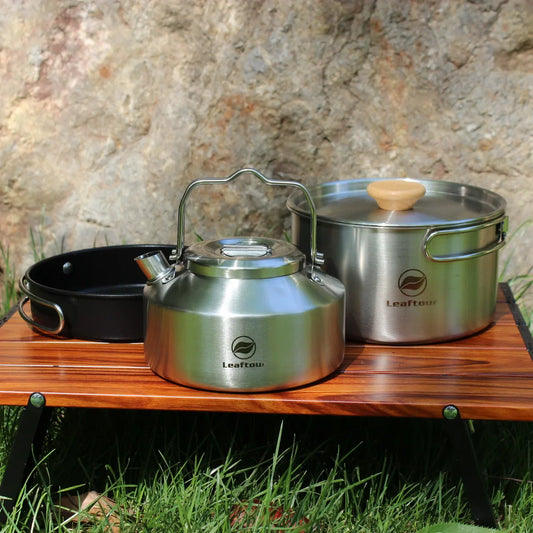 Stainless Steel Camping Cookware Set – Kettle, Pot & Pan for 2–3 People, Portable Outdoor Cooking