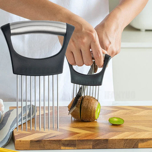 Colorful Onion Slicer with Stainless Steel Holder – Hands-Free Vegetable & Potato Chopper