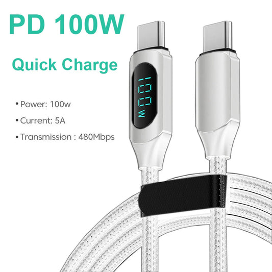 100W USB-C to USB-C PD Fast Charging Cable 1m/2m (3.3ft/6.6ft) High-Speed Data & DisplayPort Video