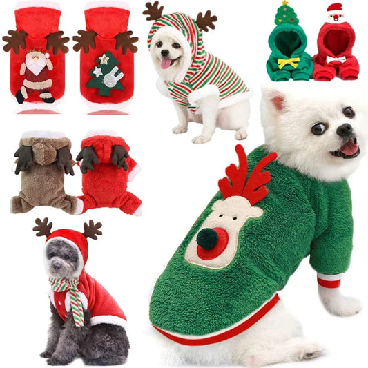 Christmas Dog Hoodie Reindeer & Santa Fleece Coat Winter Warm Pet Jacket for Small to Medium Dogs XS-2XL