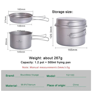 Titanium Camping Cookware Set with Folding Handles - Lightweight Pot & Pan for Hiking