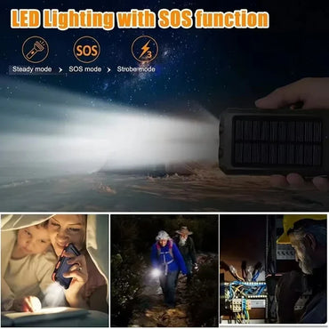 200000mAh Waterproof Solar Power Bank 20W Dual USB Portable Charger with LED Display & Flashlight for Camping