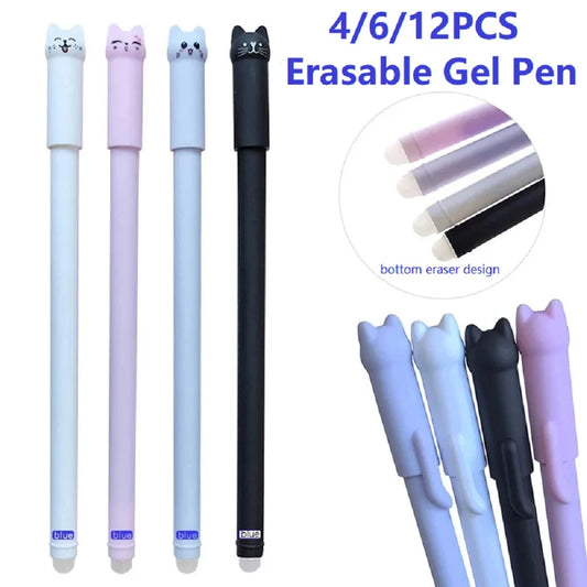 4/6/12-Pack Kawaii Cat Erasable Gel Pens 0.5mm Black & Blue Ink Refillable Cute School & Office Stationery