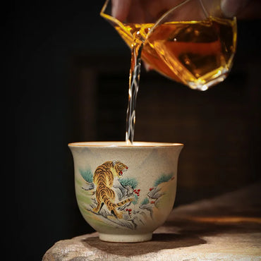 Handmade Zodiac Ceramic Teacup 110ml (3.7 fl oz) Vintage Pottery Tea Bowl for Meditation & Gongfu Tea