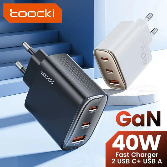 40W GaN 3-Port USB Fast Charger – Dual USB-C PD + USB-A QC4.0 Compact Travel Wall Charger